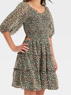 Art Class Girls Black Floral Smocked Cutout Sides Dress Size M
